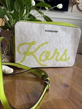 Michael Kors White Crossbody Bag with Lime Script and Trim